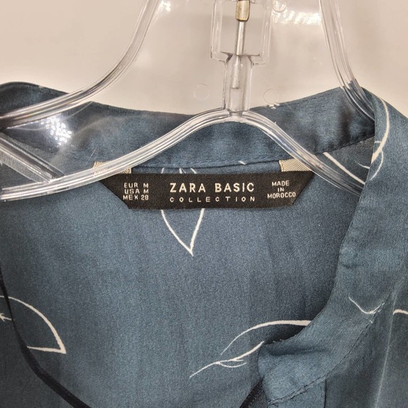 ZARA BASIC Leaf Print Teal Satin Henley Top Sz M - Picture 7 of 7